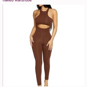Naked Wardrobe CUT TO THE BUTTER JUMPSUIT Brown Size Medium
